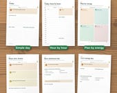 Six daily page layouts: simple day, hour by hour, plan by energy, must nice bonus, bare minimum and low-energy day