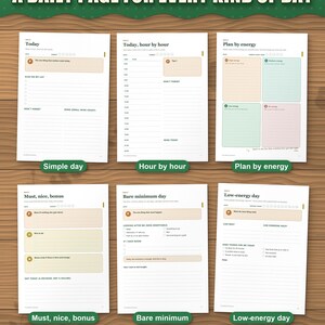 Six daily page layouts: simple day, hour by hour, plan by energy, must nice bonus, bare minimum and low-energy day