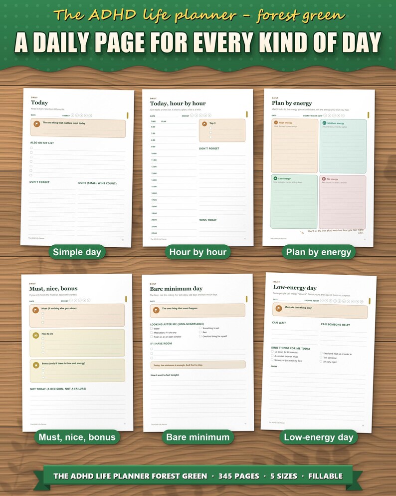 Six daily page layouts: simple day, hour by hour, plan by energy, must nice bonus, bare minimum and low-energy day