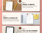 Three ways to use the survival kit: print and write, stick by the door, fill in on a tablet