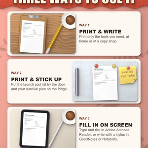 Three ways to use the survival kit: print and write, stick by the door, fill in on a tablet