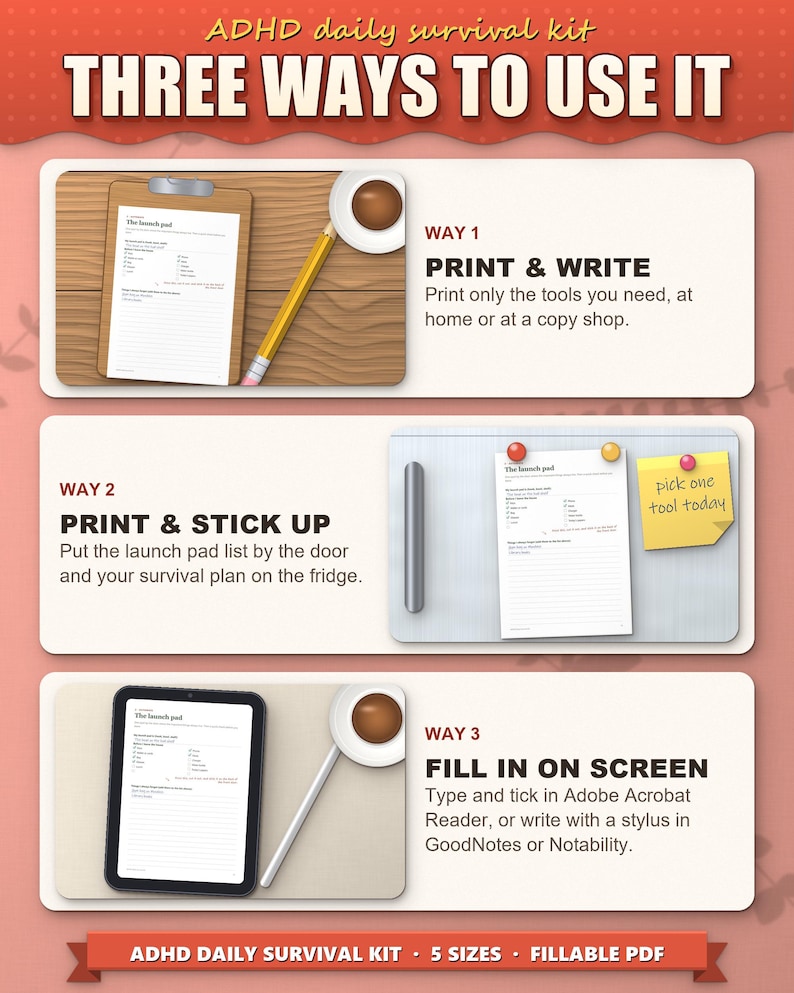 Three ways to use the survival kit: print and write, stick by the door, fill in on a tablet