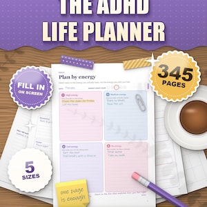 The ADHD Life Planner lavender edition 2026 2027 printable, plan by energy daily page in soft lavender colours on a desk, 345 pages, 5 sizes, fill in on screen