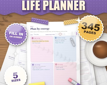 Lavender ADHD Planner 2026 2027 Printable, Dated and Undated, 345 Page Fillable PDF, Daily Weekly Monthly Pages, Dopamine Menu