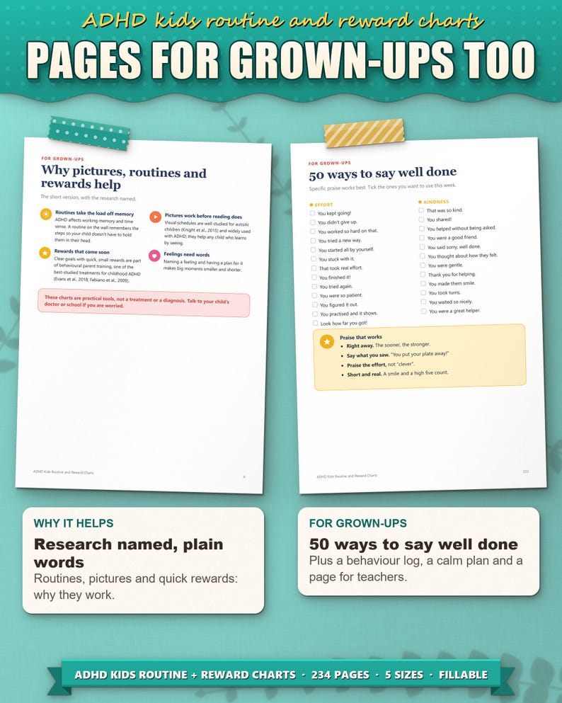 Pages for grown-ups: why routines and rewards help, with research named, and 50 ways to say well done