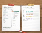 A 1-3-5 day planner with a timeline and habit trackers filled in for meds, water, sleep and moving