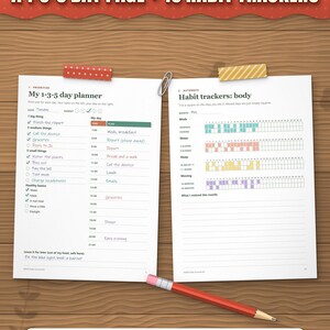 A 1-3-5 day planner with a timeline and habit trackers filled in for meds, water, sleep and moving