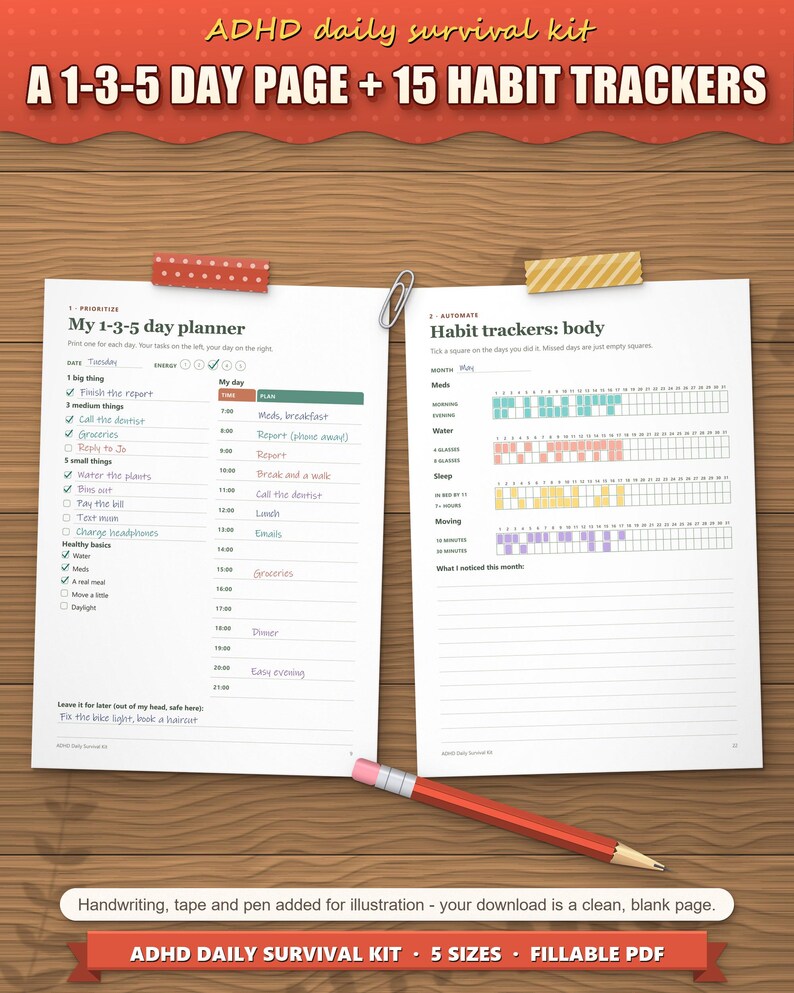 A 1-3-5 day planner with a timeline and habit trackers filled in for meds, water, sleep and moving