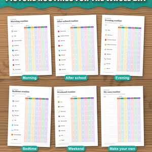 Picture routine charts for morning, after school, evening, bedtime, weekend and a blank one to make your own