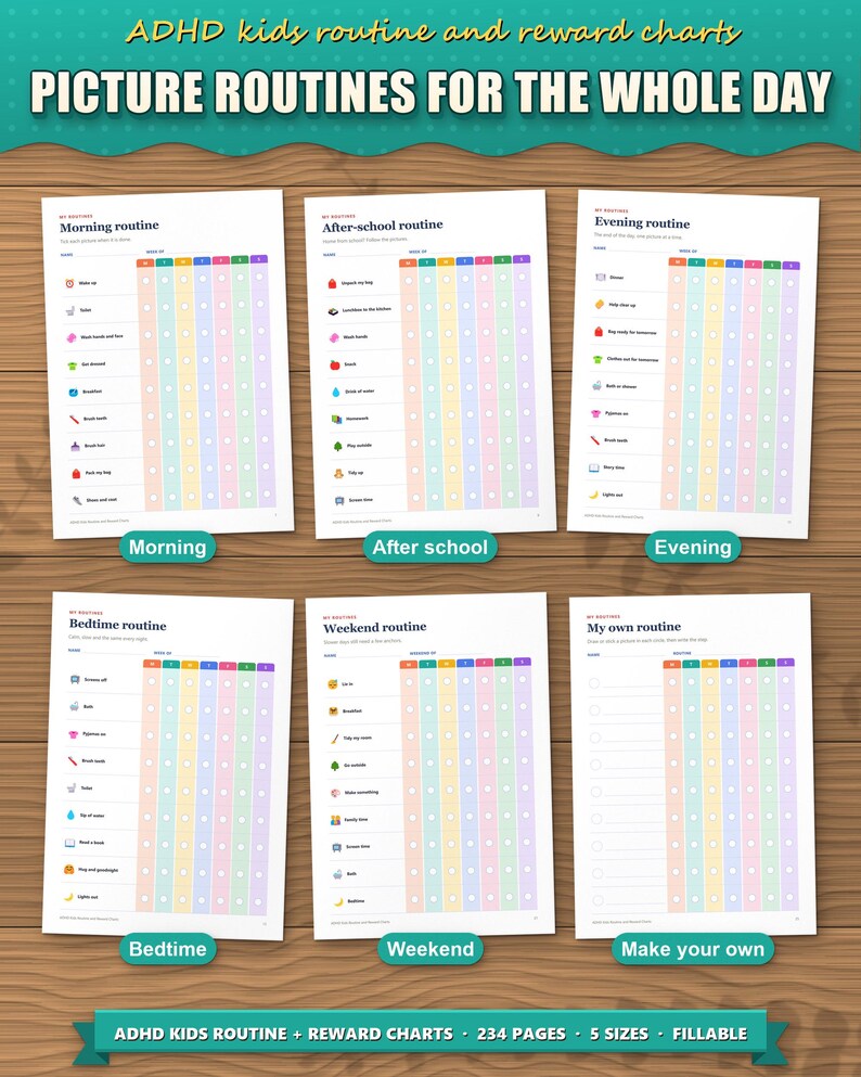Picture routine charts for morning, after school, evening, bedtime, weekend and a blank one to make your own