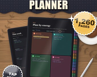 Dark Mode ADHD Digital Planner 2026 2027 2028 for iPad and Android, Dated and Undated, 1260 Hyperlinked Pages, 436 Stickers