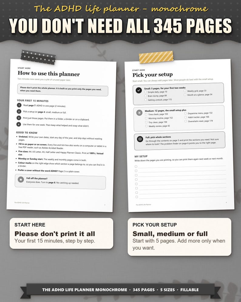 Start here page and pick your setup page: you don't need to print all 345 pages