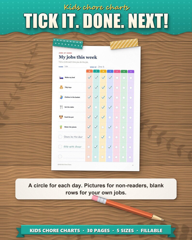 Weekly chore chart with pictures ticked off as an example