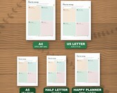 The planner in five paper sizes shown to scale: A4, US Letter, A5, Half Letter and Happy Planner Classic