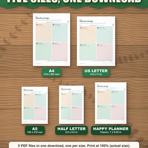 The planner in five paper sizes shown to scale: A4, US Letter, A5, Half Letter and Happy Planner Classic