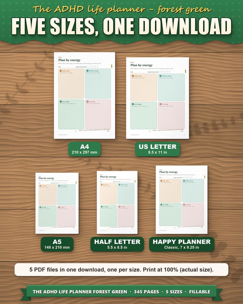 The planner in five paper sizes shown to scale: A4, US Letter, A5, Half Letter and Happy Planner Classic