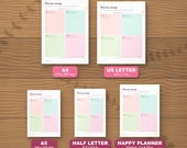 The planner in five paper sizes shown to scale: A4, US Letter, A5, Half Letter and Happy Planner Classic