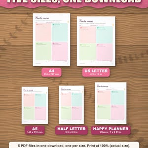 The planner in five paper sizes shown to scale: A4, US Letter, A5, Half Letter and Happy Planner Classic