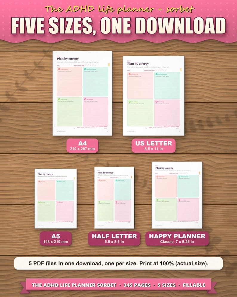 The planner in five paper sizes shown to scale: A4, US Letter, A5, Half Letter and Happy Planner Classic