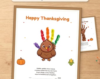 Printbare handafdrukkunst voor Thanksgiving, handafdruk van een kalkoen en een dankbaarheidsboom, een leuk aandenken voor grootouders, geschikt voor peuters en kleuters (PDF).