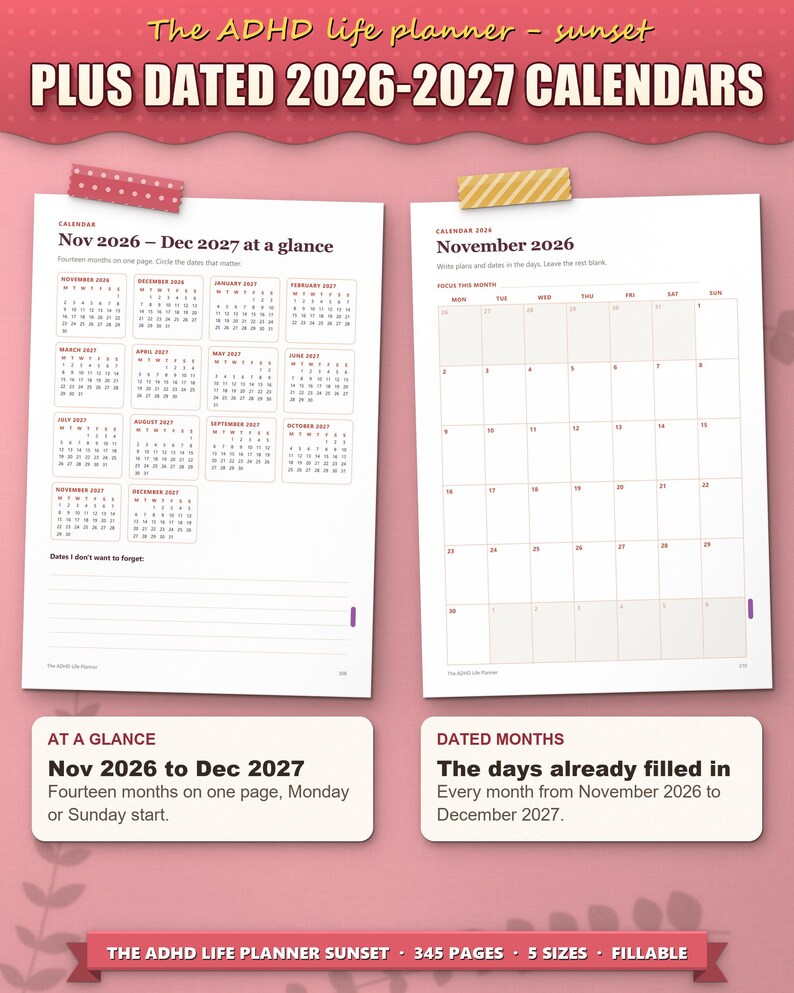 Dated calendar: November 2026 to December 2027 on one page, and a dated month page