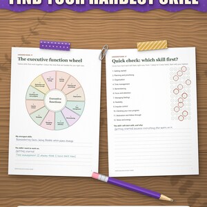 Executive function wheel and quick check pages filled in to find the hardest skill