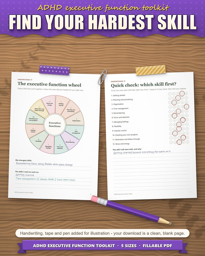 Executive function wheel and quick check pages filled in to find the hardest skill