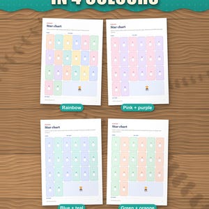 The 20-star chart in 4 colours: rainbow, pink and purple, blue and teal, green and orange