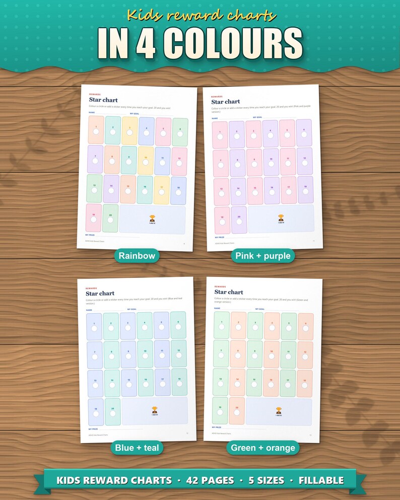 The 20-star chart in 4 colours: rainbow, pink and purple, blue and teal, green and orange