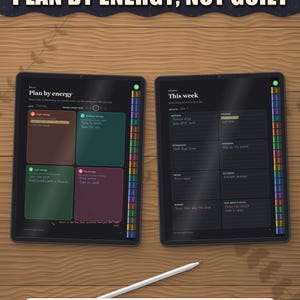 Plan by energy daily page and weekly page on two tablets, filled in with a stylus