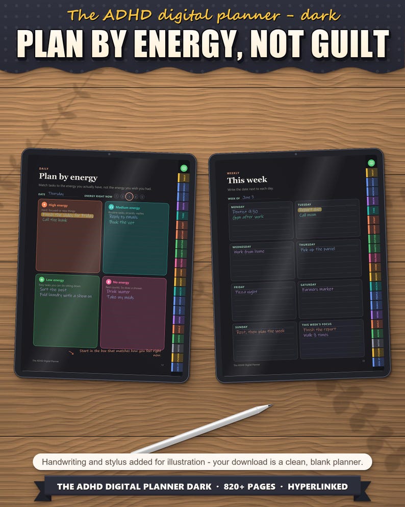 Plan by energy daily page and weekly page on two tablets, filled in with a stylus