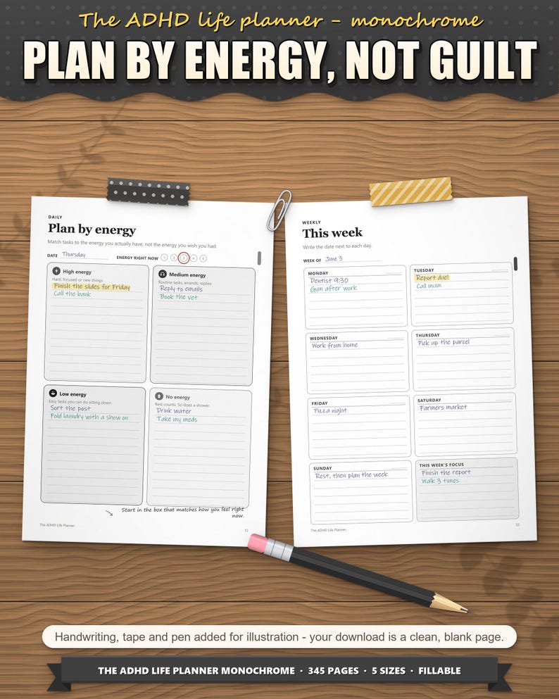 Plan by energy daily page and weekly page filled in by hand