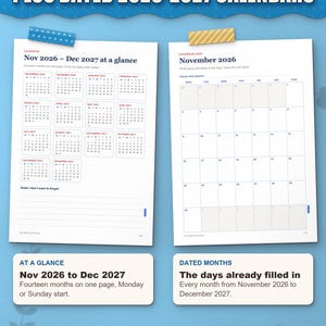 Dated calendar: November 2026 to December 2027 on one page, and a dated month page