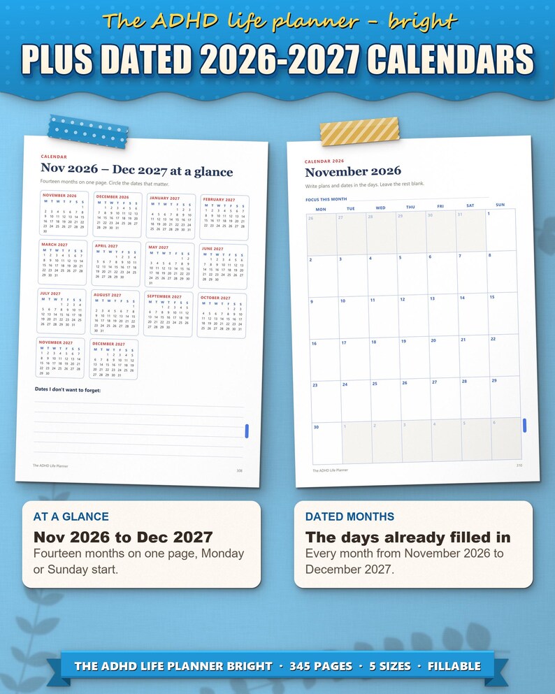 Dated calendar: November 2026 to December 2027 on one page, and a dated month page