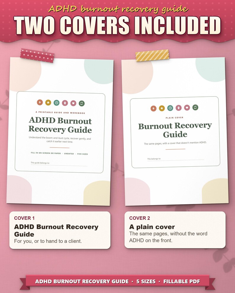 Two covers included: ADHD Burnout Recovery Guide cover and a plain cover without the word ADHD