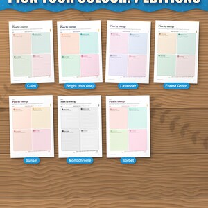 The planner in 7 colour editions: calm, bright, lavender, forest green, sunset, monochrome and sorbet. This listing is the bright edition; each colour is its own listing