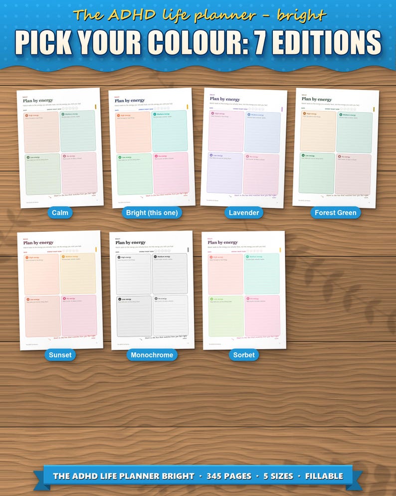 The planner in 7 colour editions: calm, bright, lavender, forest green, sunset, monochrome and sorbet. This listing is the bright edition; each colour is its own listing