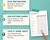 How it works: pick one routine, add picture cards, tick it off