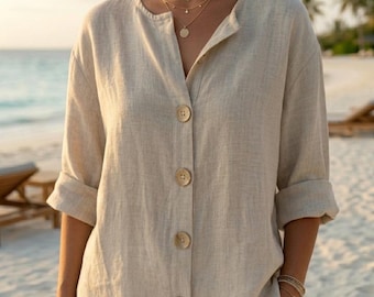 Top tunique aspect lin pour femme, chemisier oversize à col en V, chemise boutonnée ample, haut d'été léger pour femme