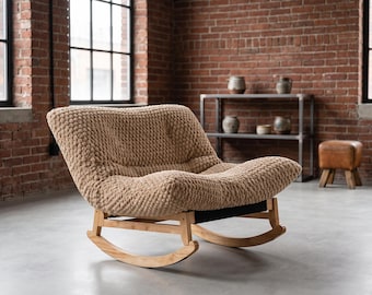 Oversized Rocking Chair, Plush Lounge Chair, Light Khaki Reading Chair, Extra Wide Wooden Rocker