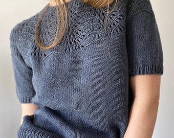 Peacock Tee Knitting Pattern PDF, Lace Yoke Summer Top Pattern, Top Down Knit Tee, Women's Sweater, Instant Download
