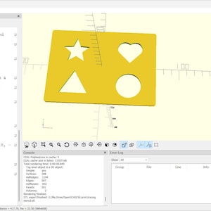 Peut inclure: Un pochoir rectangulaire jaune comportant quatre découpes : une étoile à cinq branches, un cœur, un triangle et un cercle. L'objet est affiché dans l'interface du logiciel OpenSCAD, comprenant un éditeur de code et une fenêtre de prévisualisation.