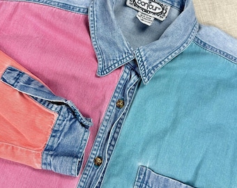 VTG 90s denim overhemd met kleurvlakken dames L pastel oversized bonjour kledingstuk geverfd