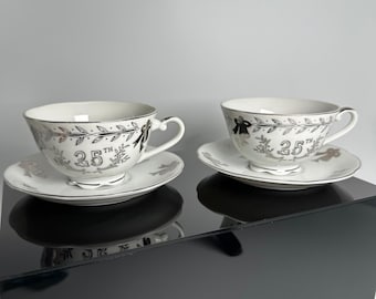 Lefton China 25th Anniversary Tea Cup Saucer Set 2 White Silver Trim 4930 Japan