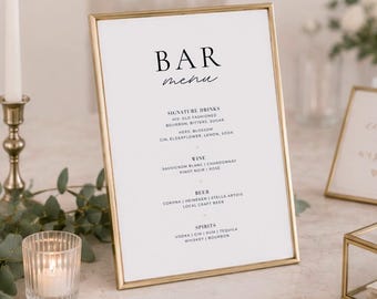 Wedding Bar Menu Sign | Signature Drinks Card | Minimal Signage Bridal Decor For Classy Brides