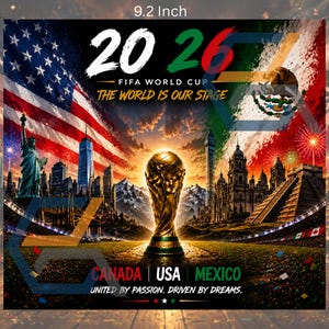 Seamless high-energy stadium-style background for FIFA World Cup 2026 tumbler wrap, featuring dramatic sunset skies, stadium lights, fireworks, celebratory confetti, and iconic landmarks including the Statue of Liberty, CN Tower, and Mexican pyramids. Vibrant, cinematic, and colorful scene with festive patriotic and soccer-themed elements.