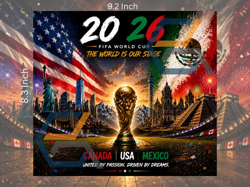 Seamless high-energy stadium-style background for FIFA World Cup 2026 tumbler wrap, featuring dramatic sunset skies, stadium lights, fireworks, celebratory confetti, and iconic landmarks including the Statue of Liberty, CN Tower, and Mexican pyramids. Vibrant, cinematic, and colorful scene with festive patriotic and soccer-themed elements.