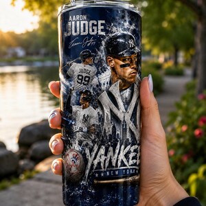 Aaron Judge Yankees 20oz skinny tumbler wrap PNG featuring dynamic baseball artwork, premium sports sublimation design, New York baseball fan gift, digital download for custom tumbler printing, seamless full wrap with stadium background, baseball player collage, vibrant athletic artwork, printable tumbler wrap for baseball lovers, Father's Day gift, sports fan tumbler design.
