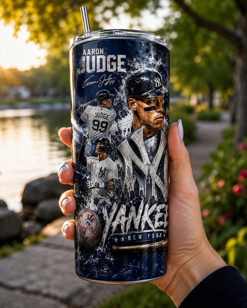 Aaron Judge Yankees 20oz skinny tumbler wrap PNG featuring dynamic baseball artwork, premium sports sublimation design, New York baseball fan gift, digital download for custom tumbler printing, seamless full wrap with stadium background, baseball player collage, vibrant athletic artwork, printable tumbler wrap for baseball lovers, Father's Day gift, sports fan tumbler design.
