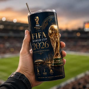 Luxury FIFA World Cup 2026 20oz skinny tumbler mockup held in hand at a soccer stadium during sunset, featuring elegant gold trophy artwork, dark navy premium design, USA Canada Mexico theme, stylish football sublimation wrap PNG, sports fan tumbler design, high-quality digital download with cinematic stadium background.